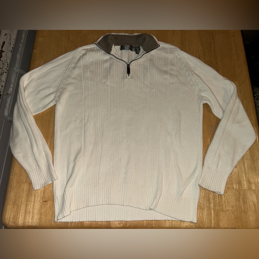 Men’s XL knit sweater 1/4 zip pullover white cream Oscar De Larenta 100cotton